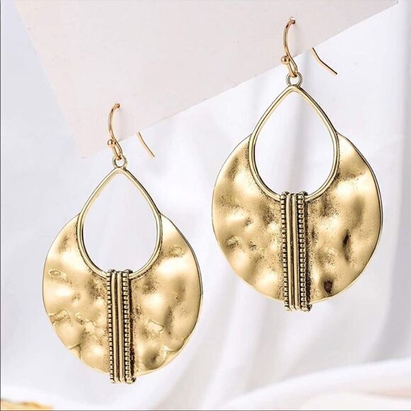 Boho Gold Earrings Hammered - Picture 1 of 3